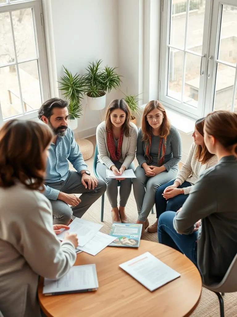 A consultant leading a group workshop for caregivers, discussing strategies for managing life transitions for neurodivergent individuals.
