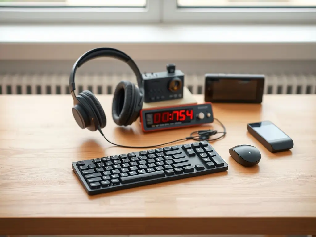 An image depicting various assistive technology devices, such as noise-canceling headphones, adaptive keyboards, and visual timers, arranged on a table.