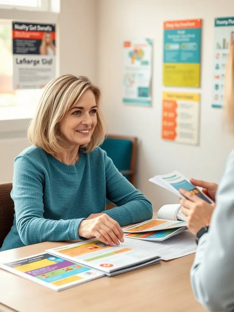 A consultant explaining government benefits options to a caregiver, with informational brochures and application forms on the table.