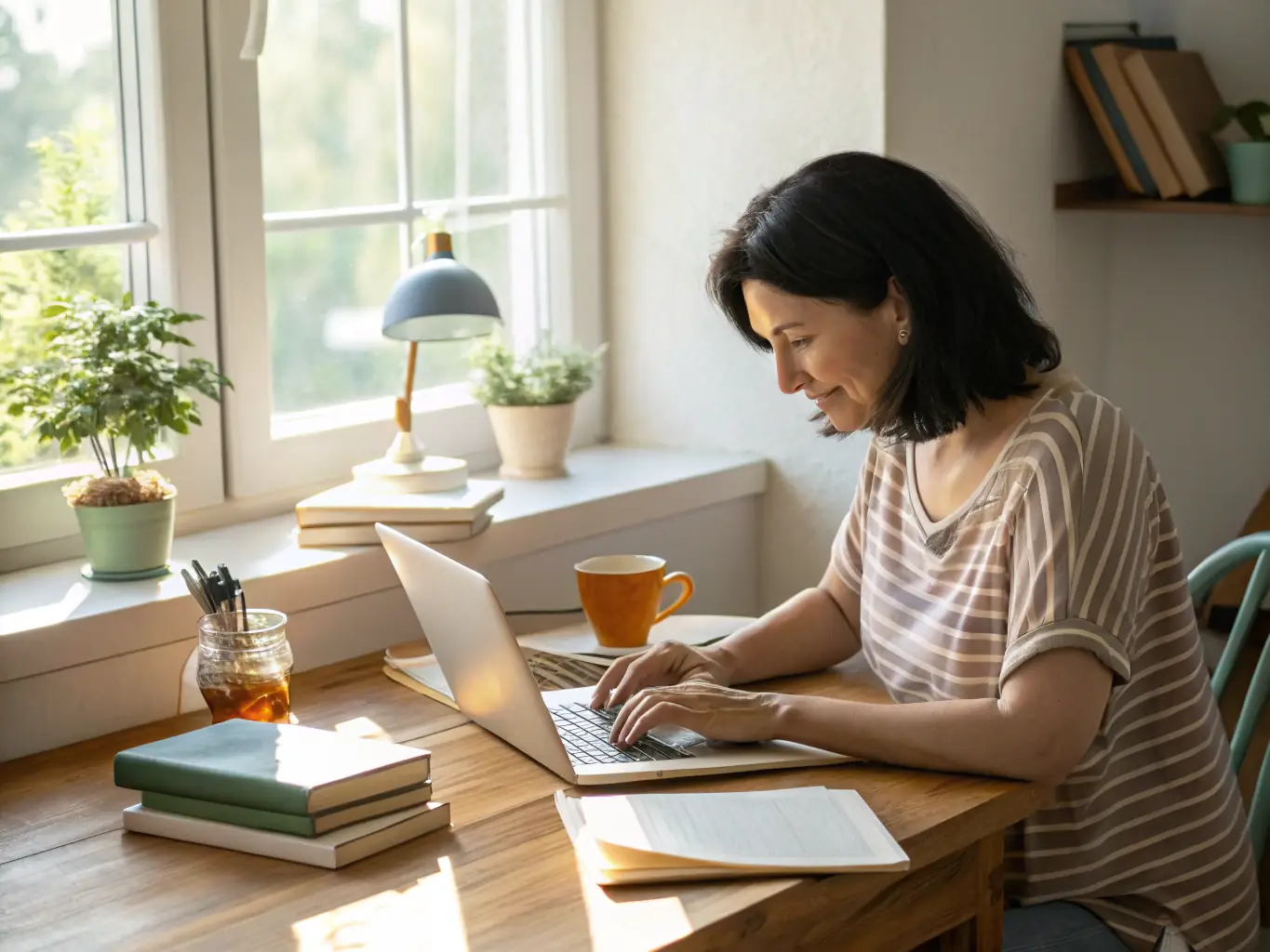 An empowering image of a caregiver utilizing premium tools and resources, such as school letters and workplace planners, showcasing the exclusive content available in the Inclusio Premium membership tier.