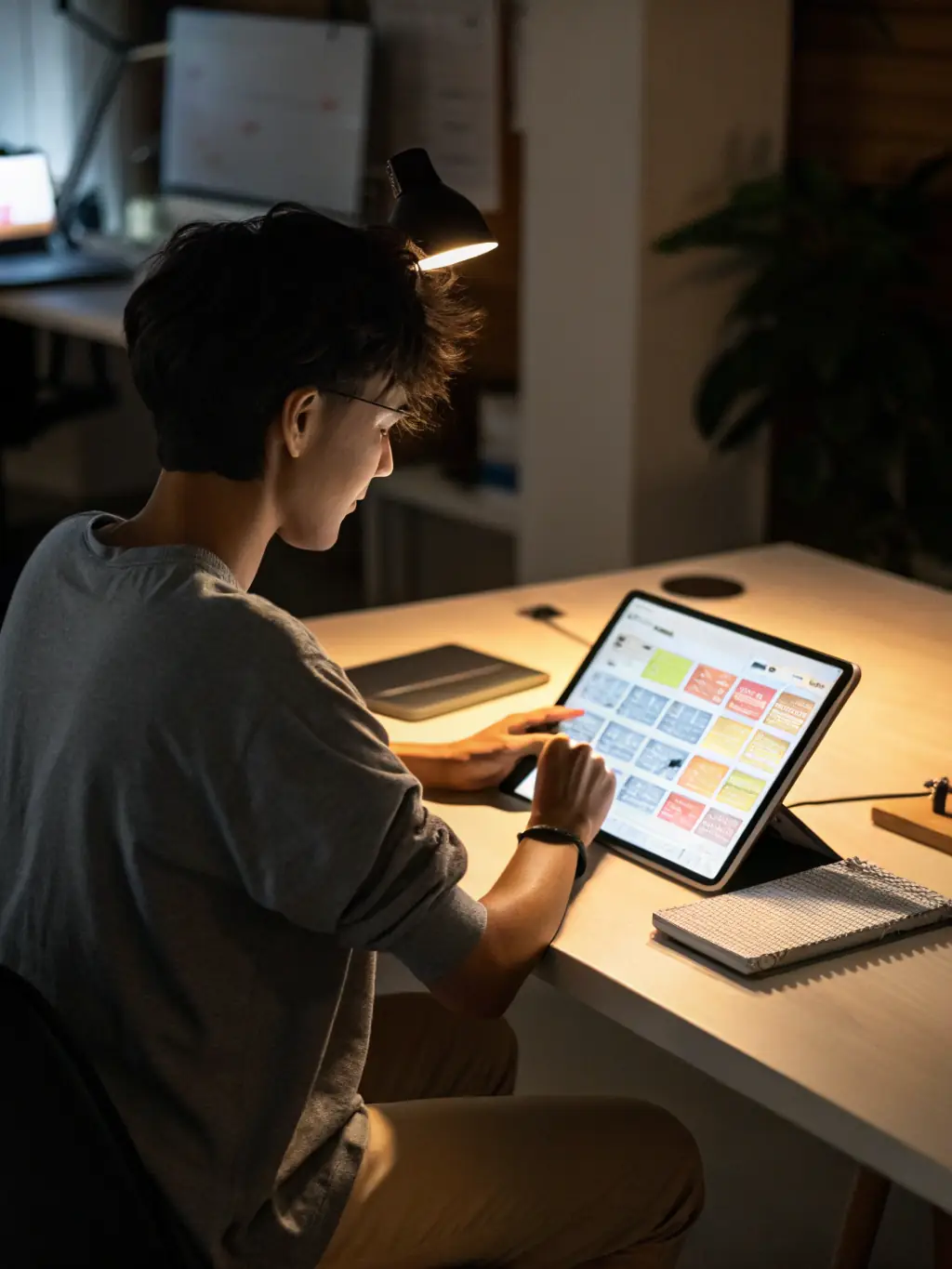 A person using a digital calendar on a tablet to schedule tasks, with sticky notes and a planner visible in the background, symbolizing effective time management.