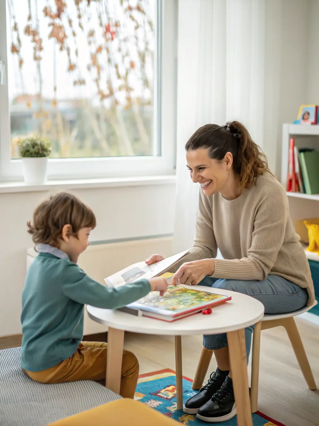 A photograph of a speech therapist working with a young autistic child, using visual aids to improve communication skills. The setting is a bright, welcoming clinic room.