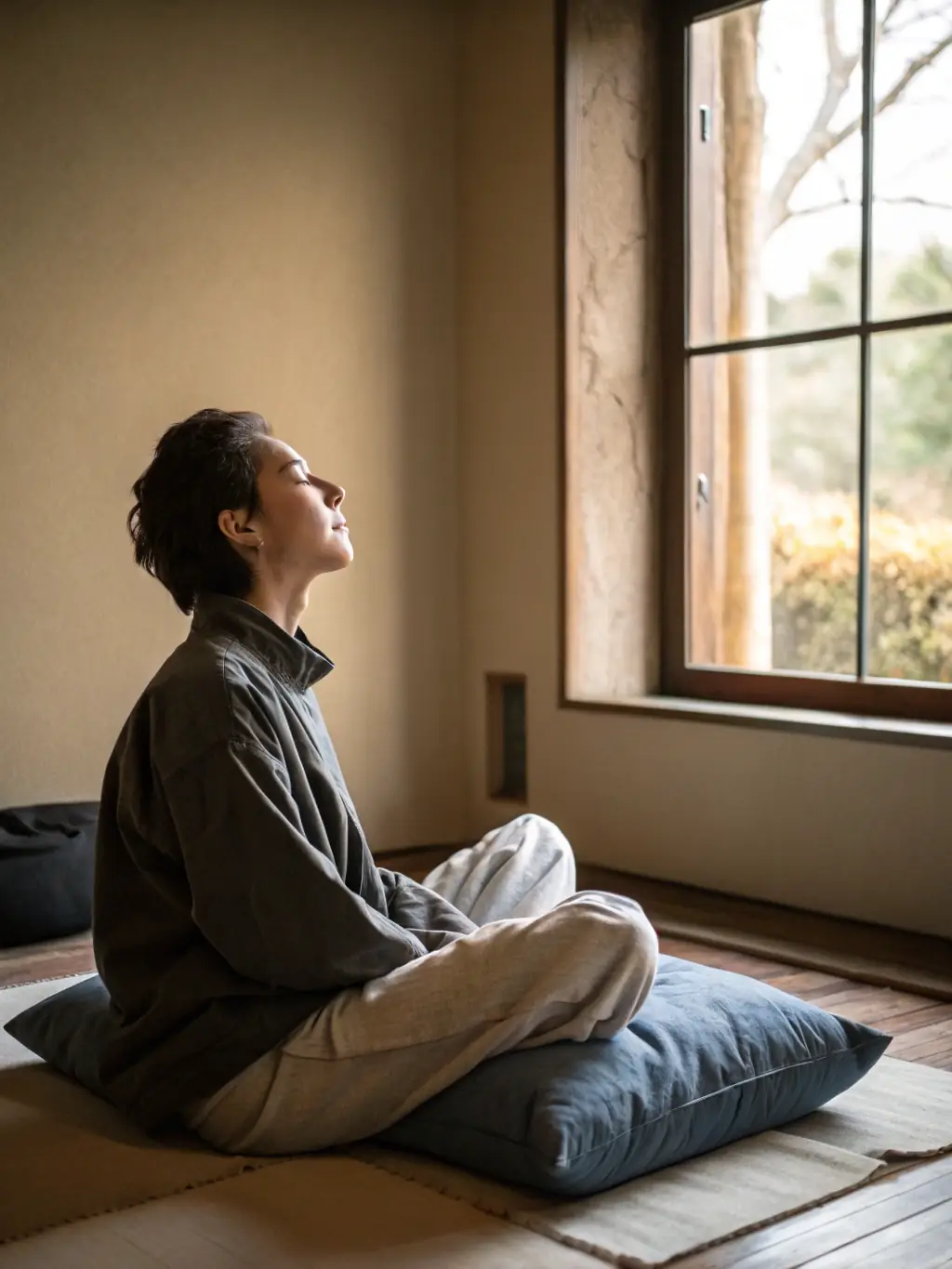 A person practicing mindfulness meditation in a quiet, serene environment, with soft lighting and calming colors to promote relaxation.