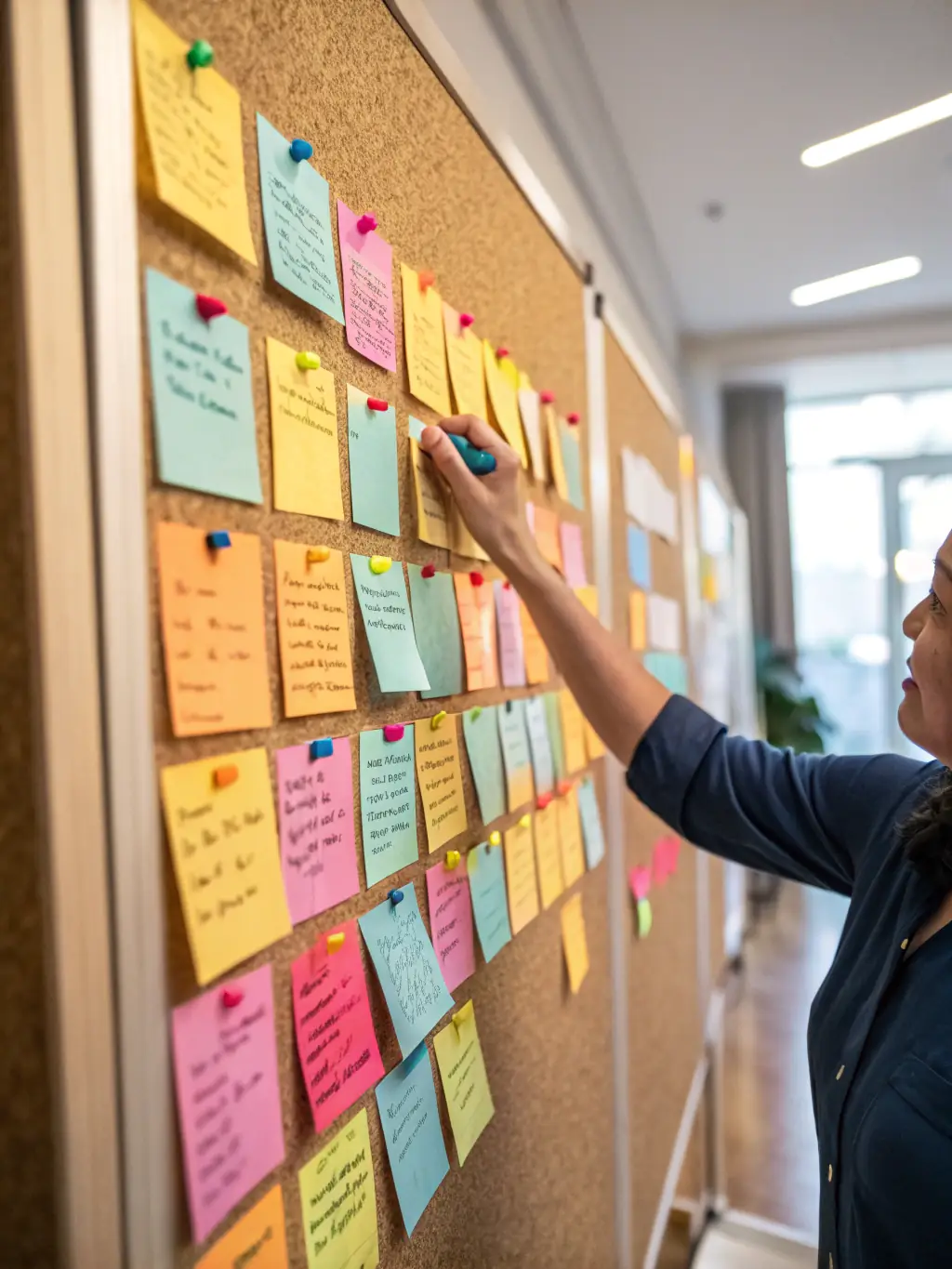 A person using a visual schedule with icons and text to plan their day, displayed on a bulletin board with colorful markers and stickers.