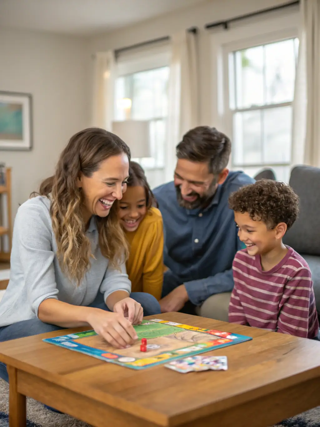 A warm and inviting image of a diverse group of family members, including an autistic child, participating in a fun activity together, such as playing a board game or drawing, in a comfortable home setting. The image should convey a sense of joy, connection, and acceptance.