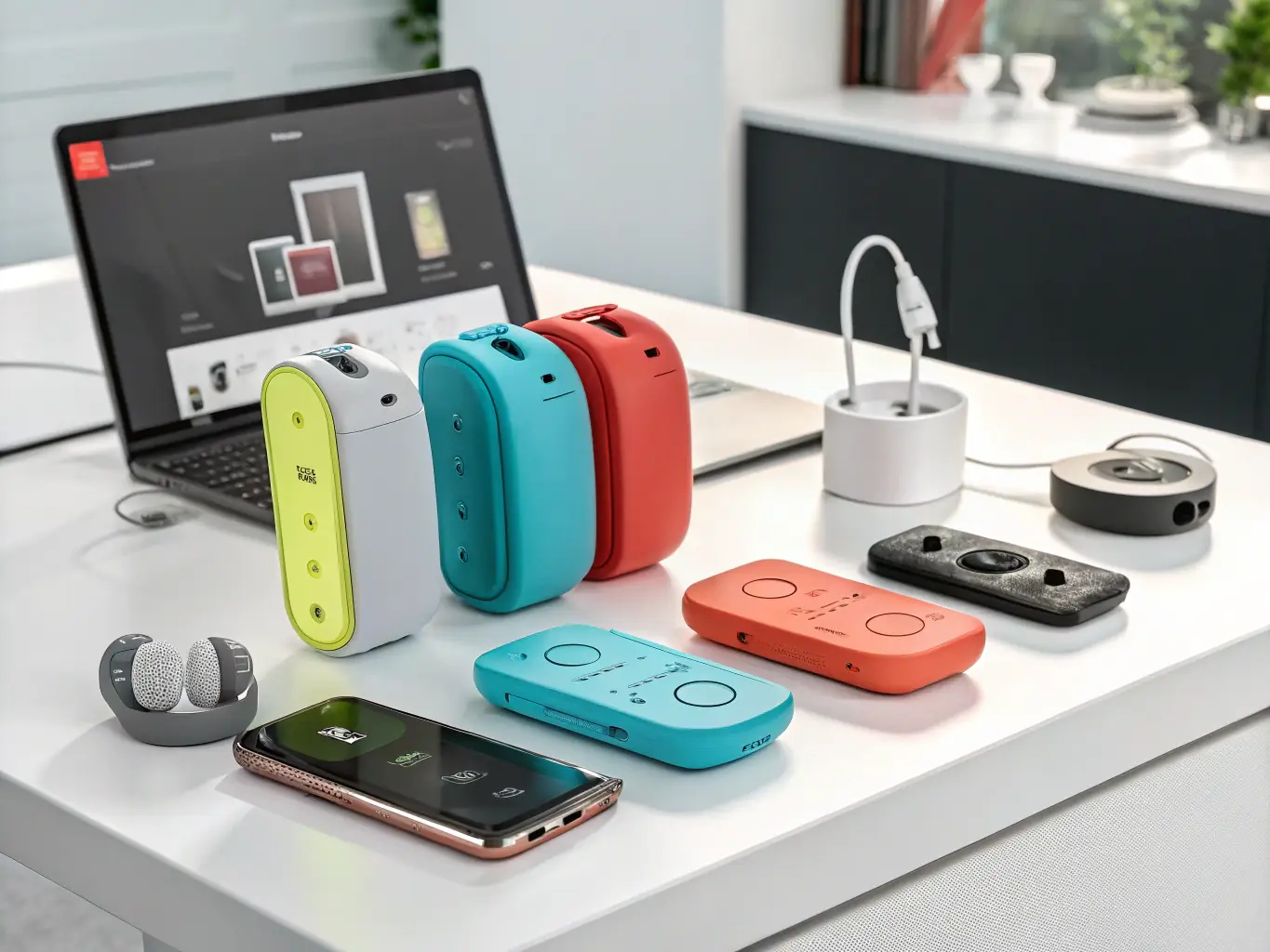 A selection of recommended assistive technology devices and tools designed to support individuals with learning disabilities, displayed on a table.