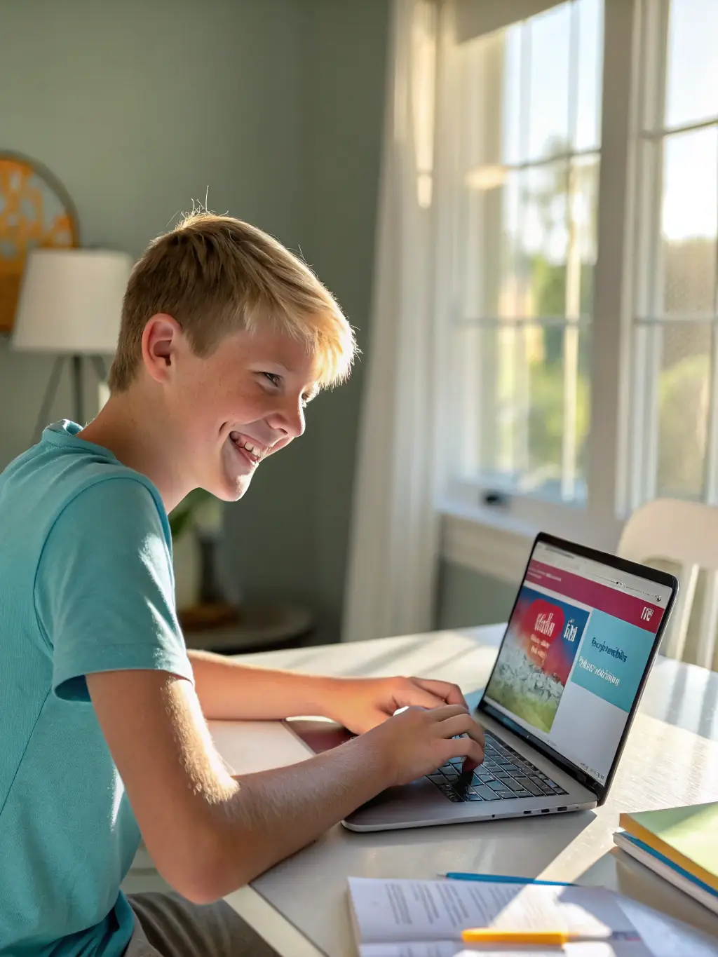 A photograph of an autistic teenager working on a computer with assistive technology, highlighting the use of technology to support learning and independence.