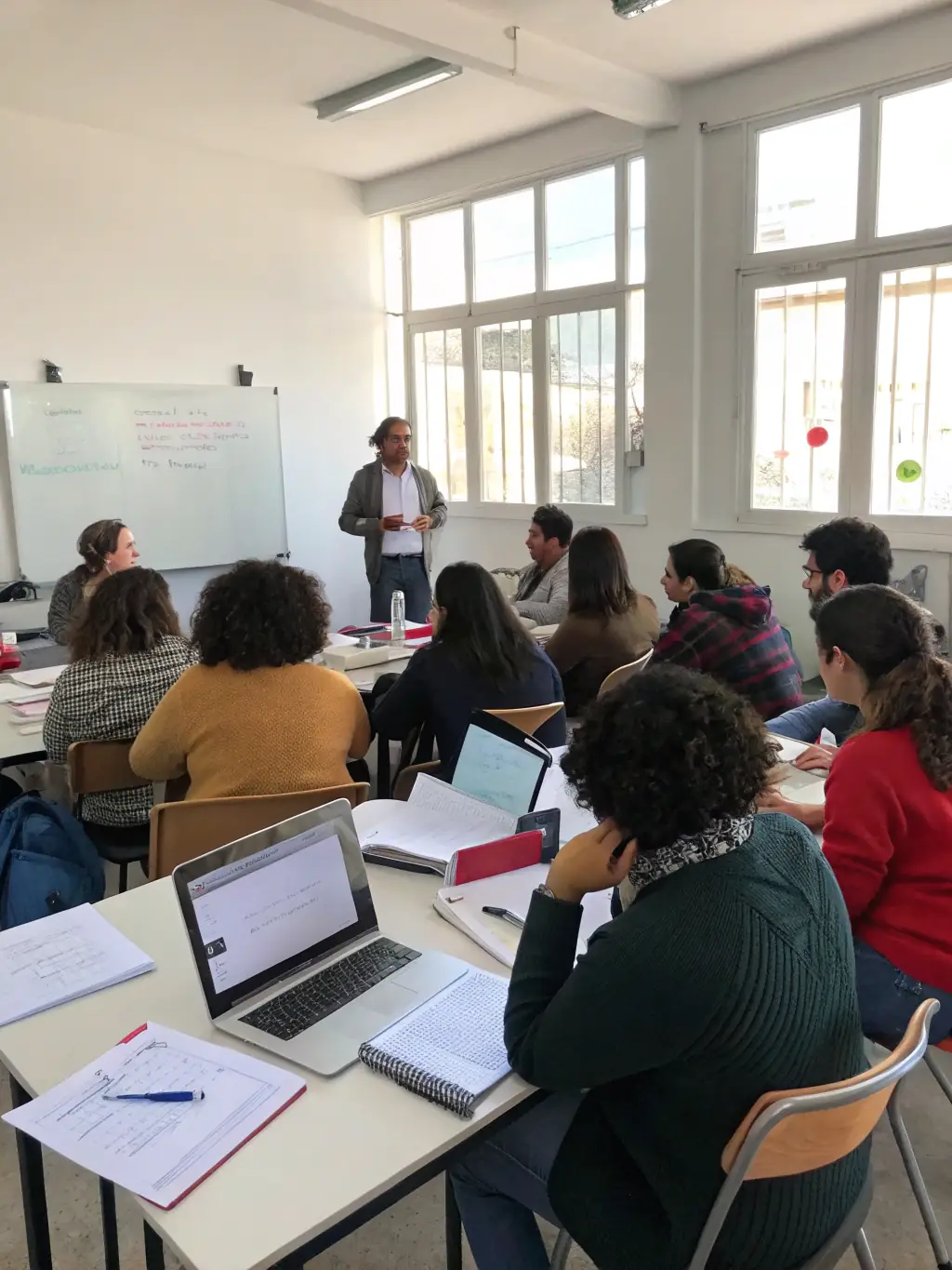 A group of people are participating in a workshop, learning about strategies for managing learning disabilities. The atmosphere is collaborative and supportive.