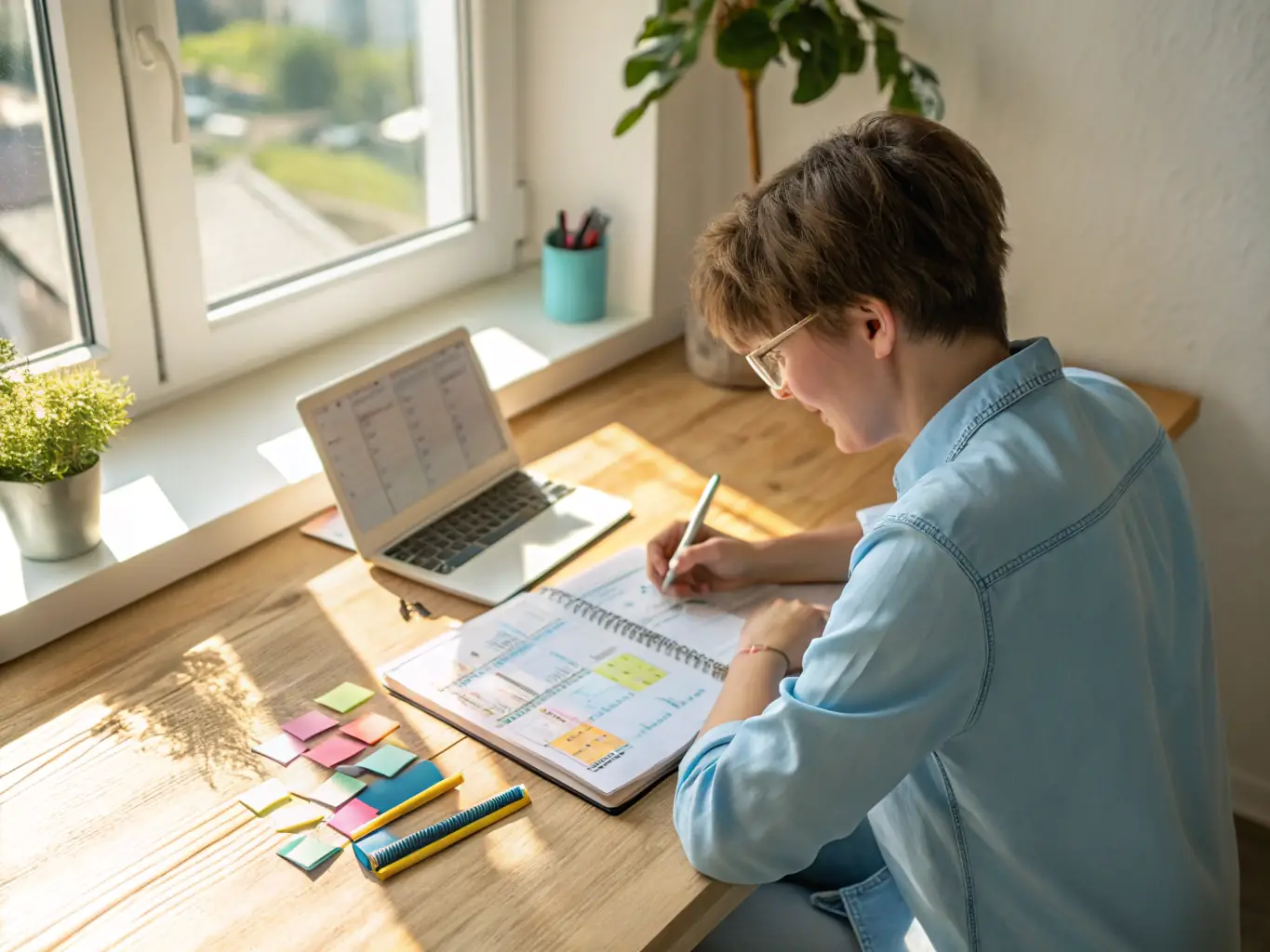A person using a digital planner on a tablet, surrounded by sticky notes and a calendar, illustrating digital tools for organization in the context of ADHD management.