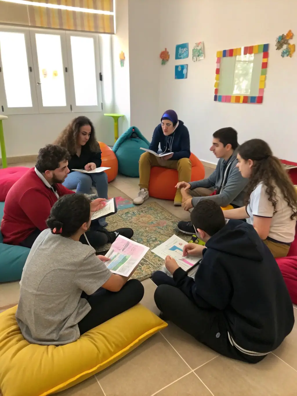 A photograph of a group of autistic adults participating in a social skills workshop, engaging in role-playing scenarios to improve social interaction.