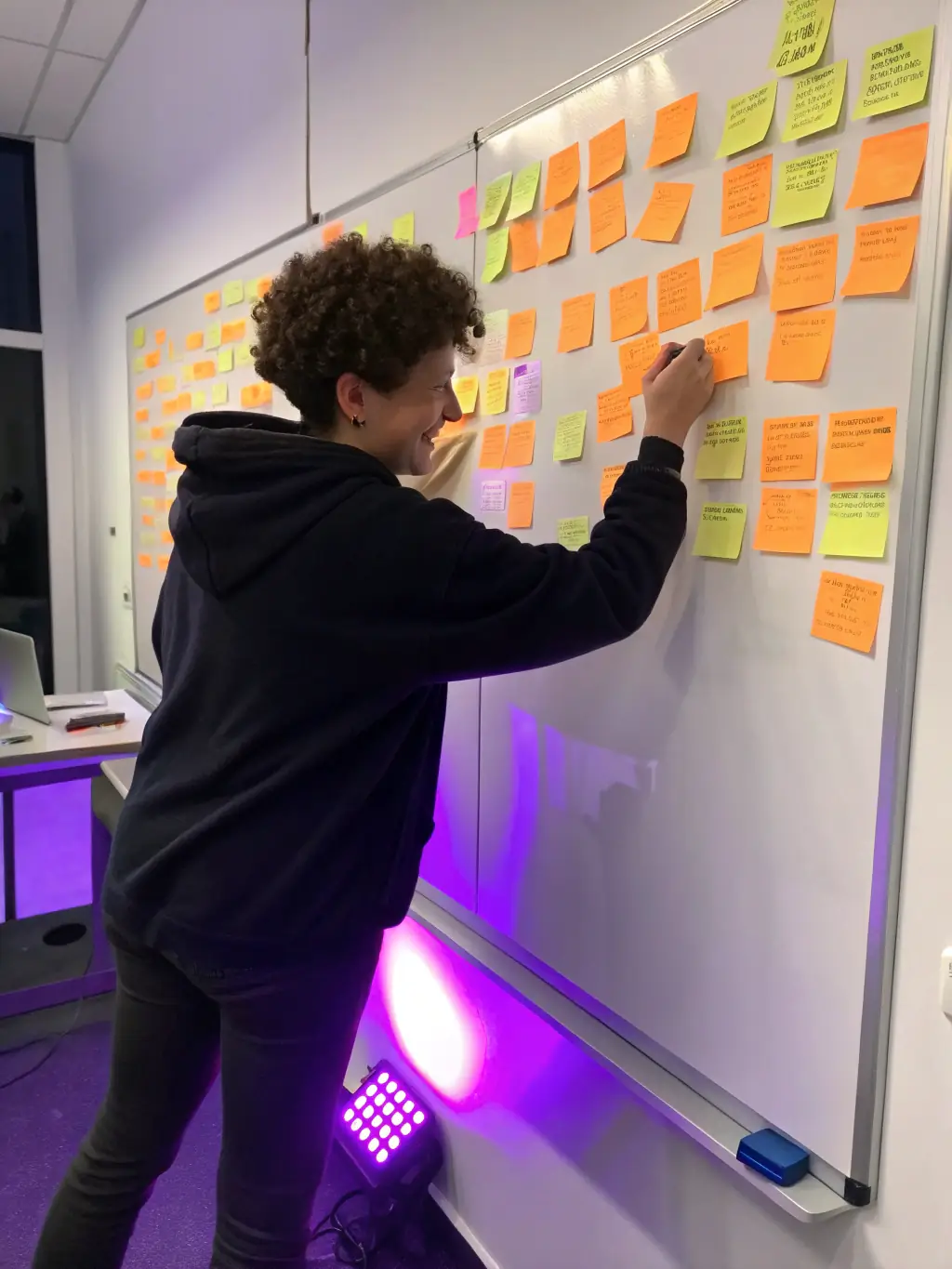 A person breaking down a large project into smaller, manageable tasks on a whiteboard, using color-coded notes and arrows to show the workflow.
