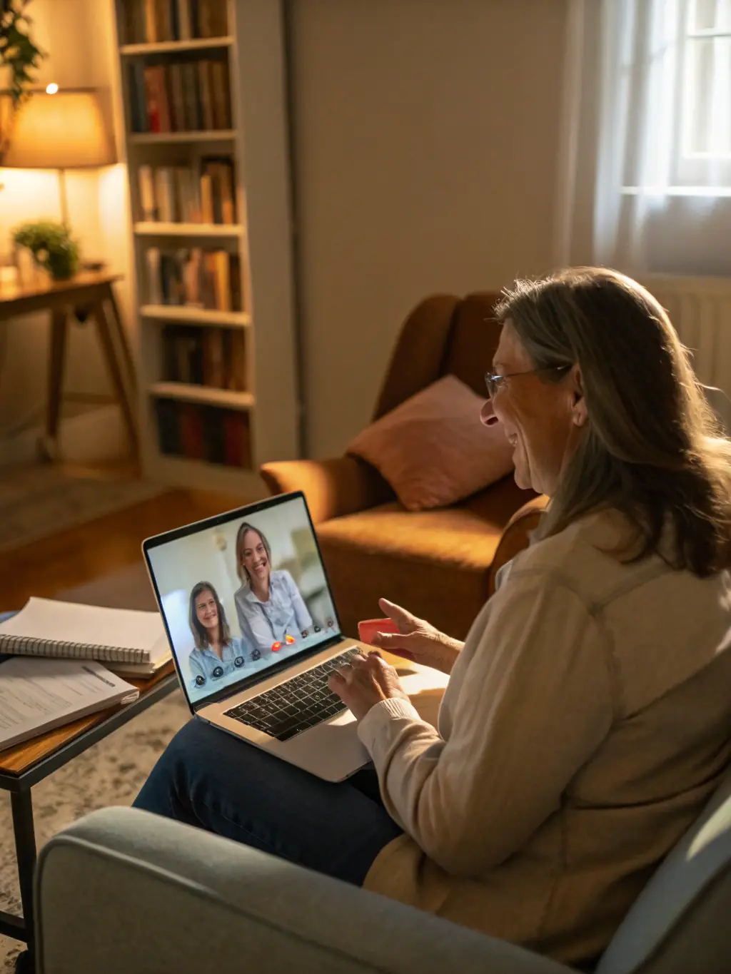 A supportive image of a caregiver participating in an Inclusio group consultation session online, surrounded by other caregivers, with a friendly Inclusio consultant leading the discussion. The image should convey a sense of community, understanding, and shared support.