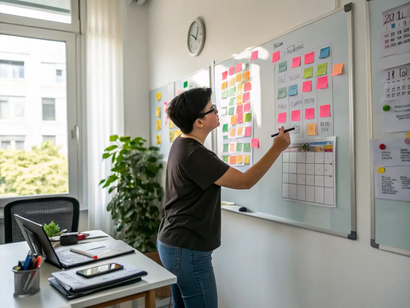 A person breaking down a large project into smaller, manageable tasks using a whiteboard and colorful markers, representing task management techniques for ADHD.